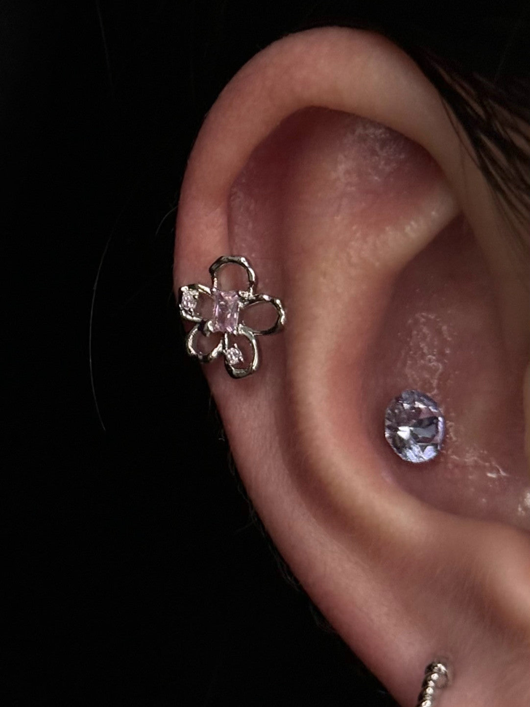 Pink Flower Threaded Screw Flat Black Earring
