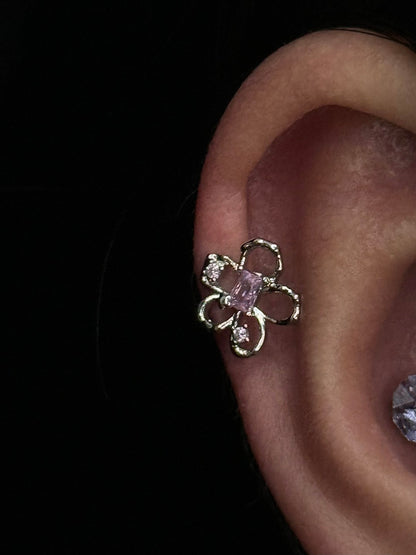 Pink Flower Threaded Screw Flat Black Earring