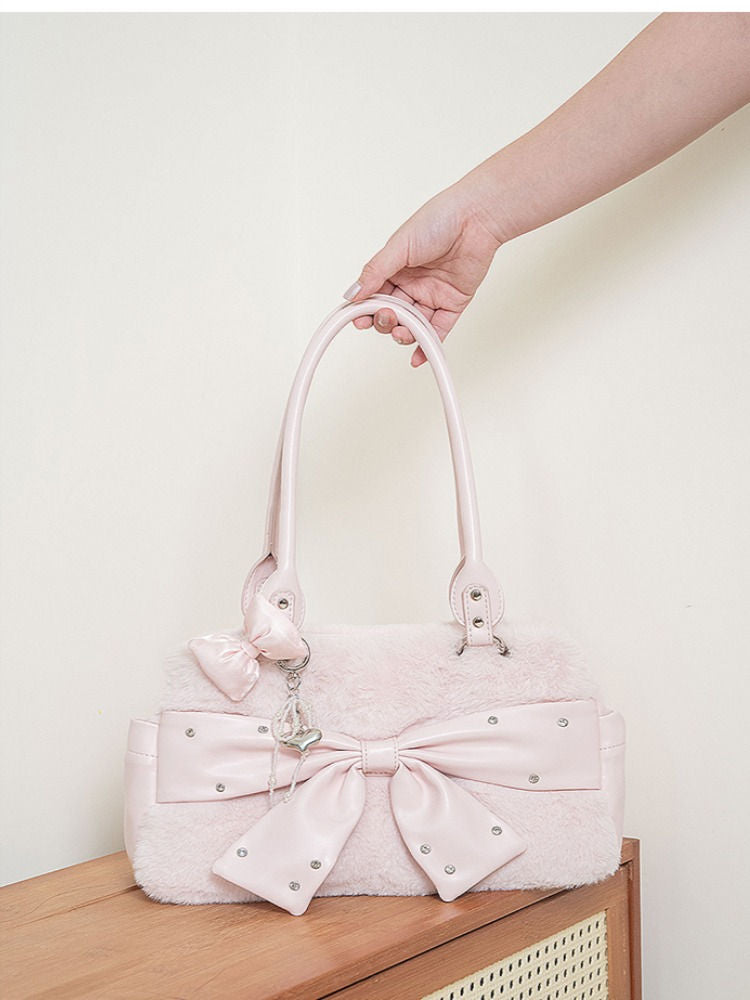 Pink Fuzzy Bow Shoulder Bag
