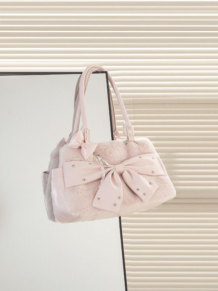 Pink Fuzzy Bow Shoulder Bag
