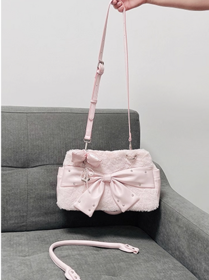 Pink Fuzzy Bow Shoulder Bag