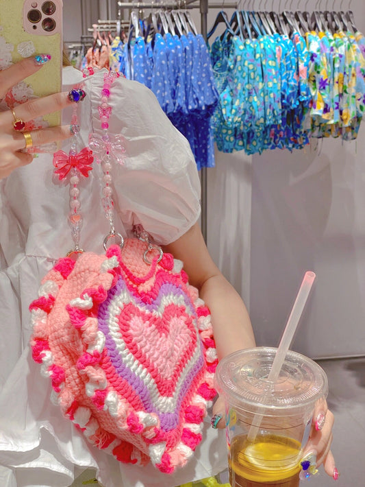 Pink Heart Crochet Shoulder Bag
