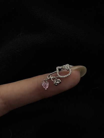 Pink Heart Hanger Threaded Screw Flat Black Earring