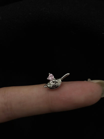 Pink Heart Hanger Threaded Screw Flat Black Earring