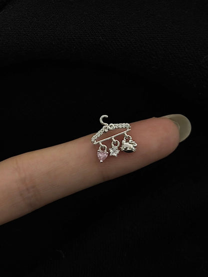 Pink Heart Hanger Threaded Screw Flat Black Earring