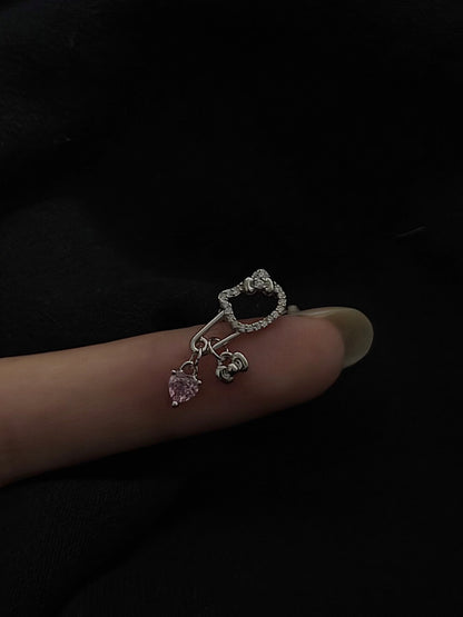 Pink Heart Hanger Threaded Screw Flat Black Earring