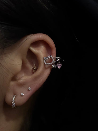 Pink Heart Hanger Threaded Screw Flat Black Earring