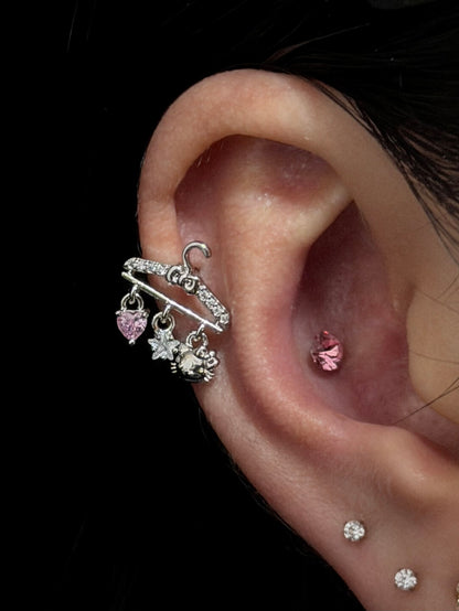 Pink Heart Hanger Threaded Screw Flat Black Earring