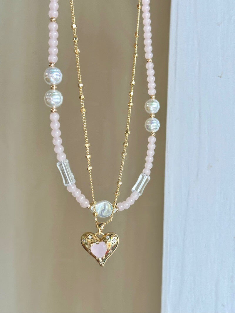 Pink Heart Pendant Layered Necklace