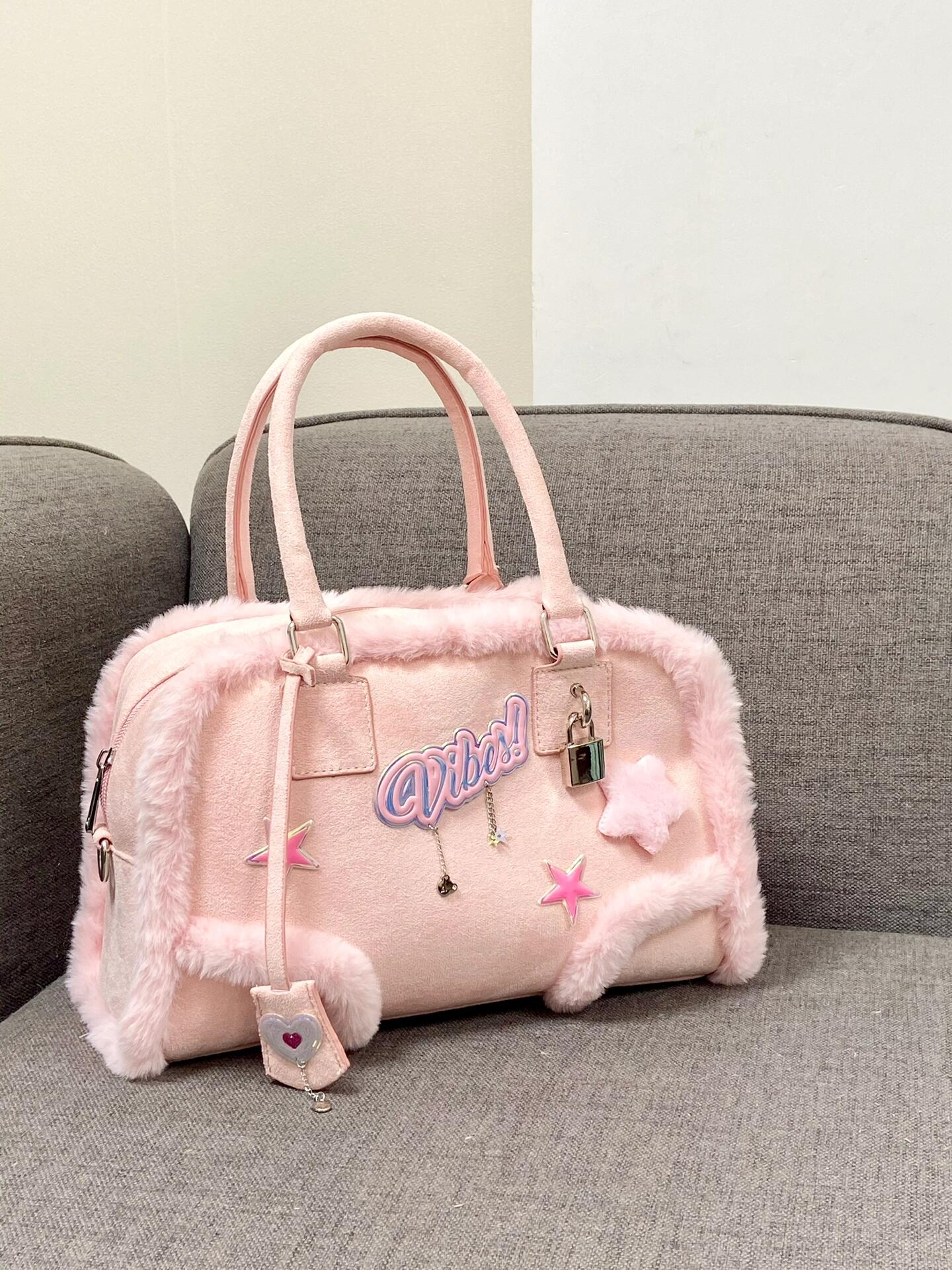 Pink Plush Crossbody Handbag