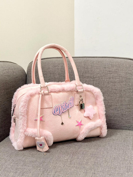 Pink Plush Crossbody Handbag