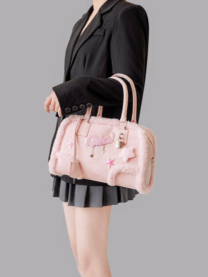 Pink Plush Crossbody Handbag