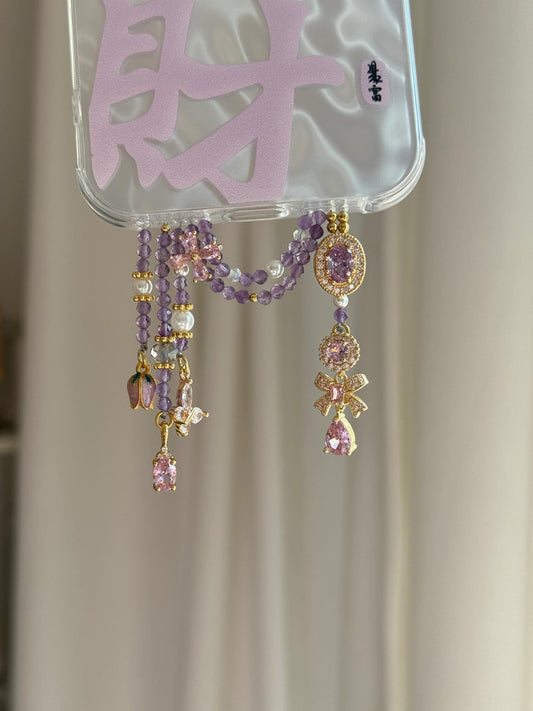 Pink Purple Bow Beaded Pendant With Phone Case