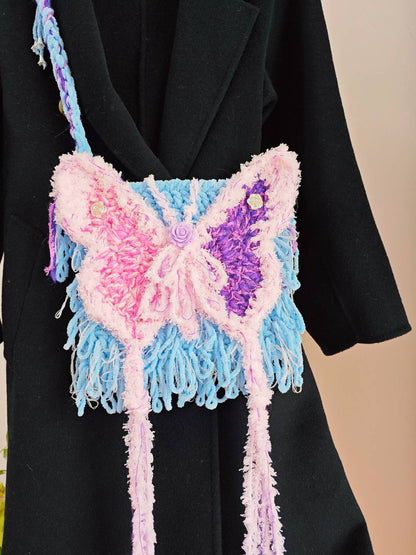 Pink Purple Butterfly Crochet Crossbody Bag