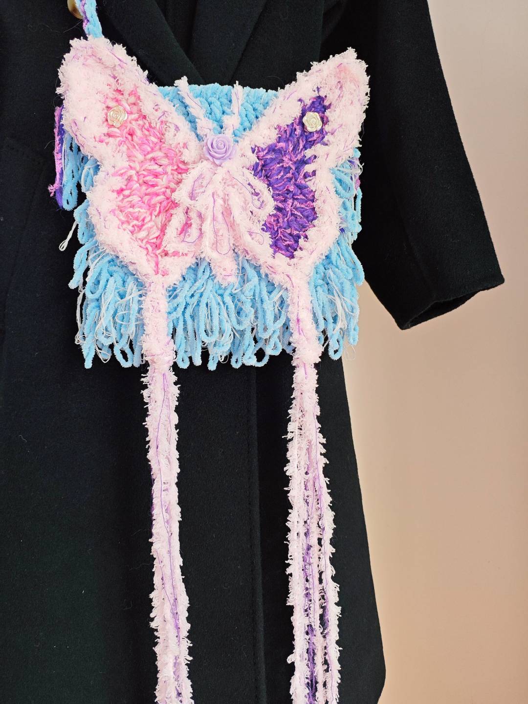 Pink Purple Butterfly Crochet Crossbody Bag