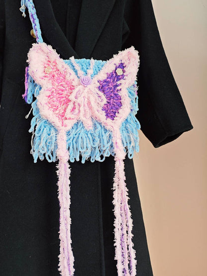 Pink Purple Butterfly Crochet Crossbody Bag
