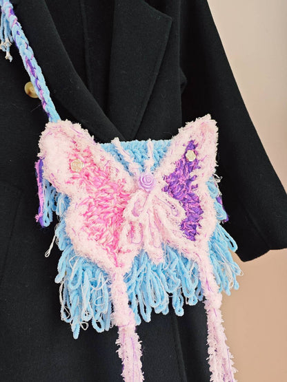 Pink Purple Butterfly Crochet Crossbody Bag