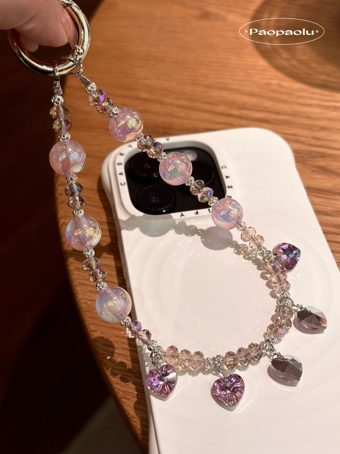 Pink Purple Heart Beaded Phone Charm