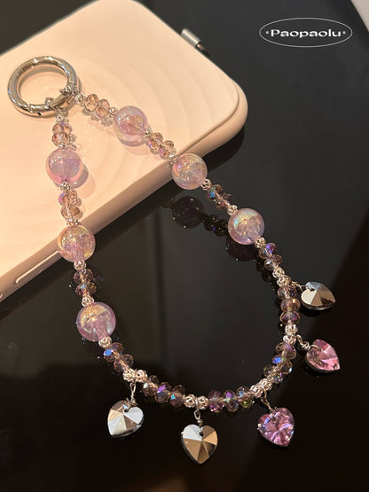 Pink Purple Heart Beaded Phone Charm