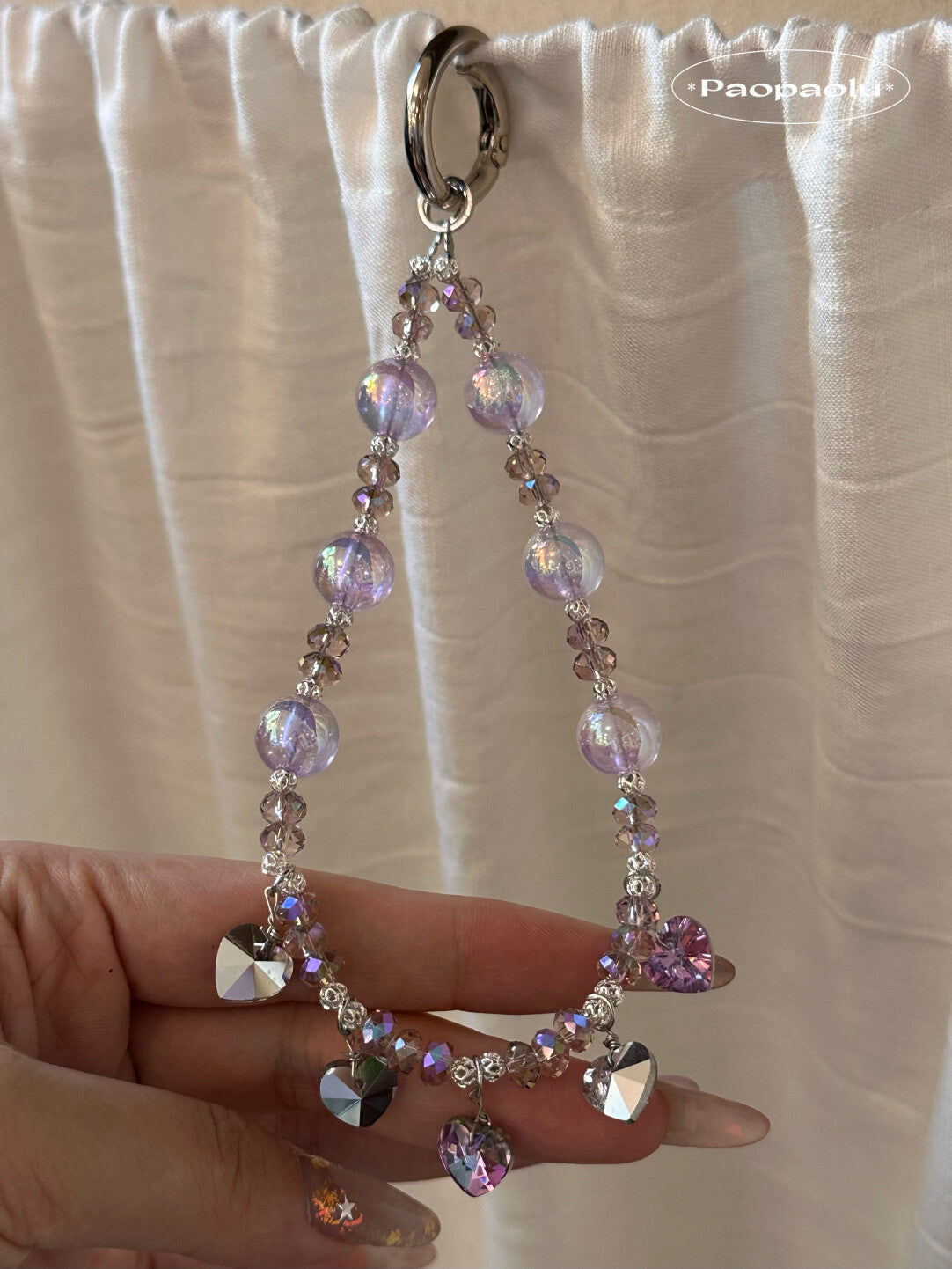 Pink Purple Heart Beaded Phone Charm