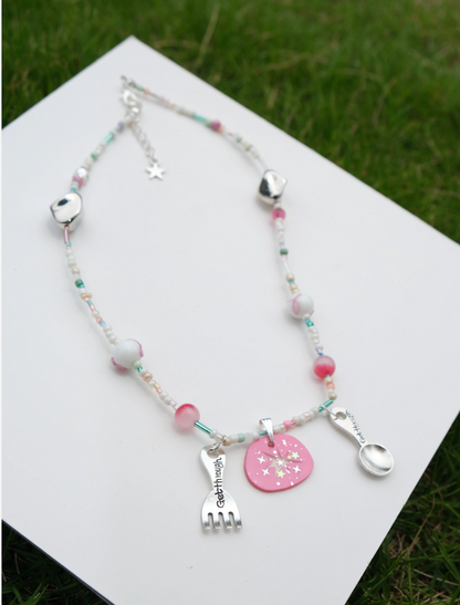 Pink Star Shrink Plastic Charm Beaded Necklace