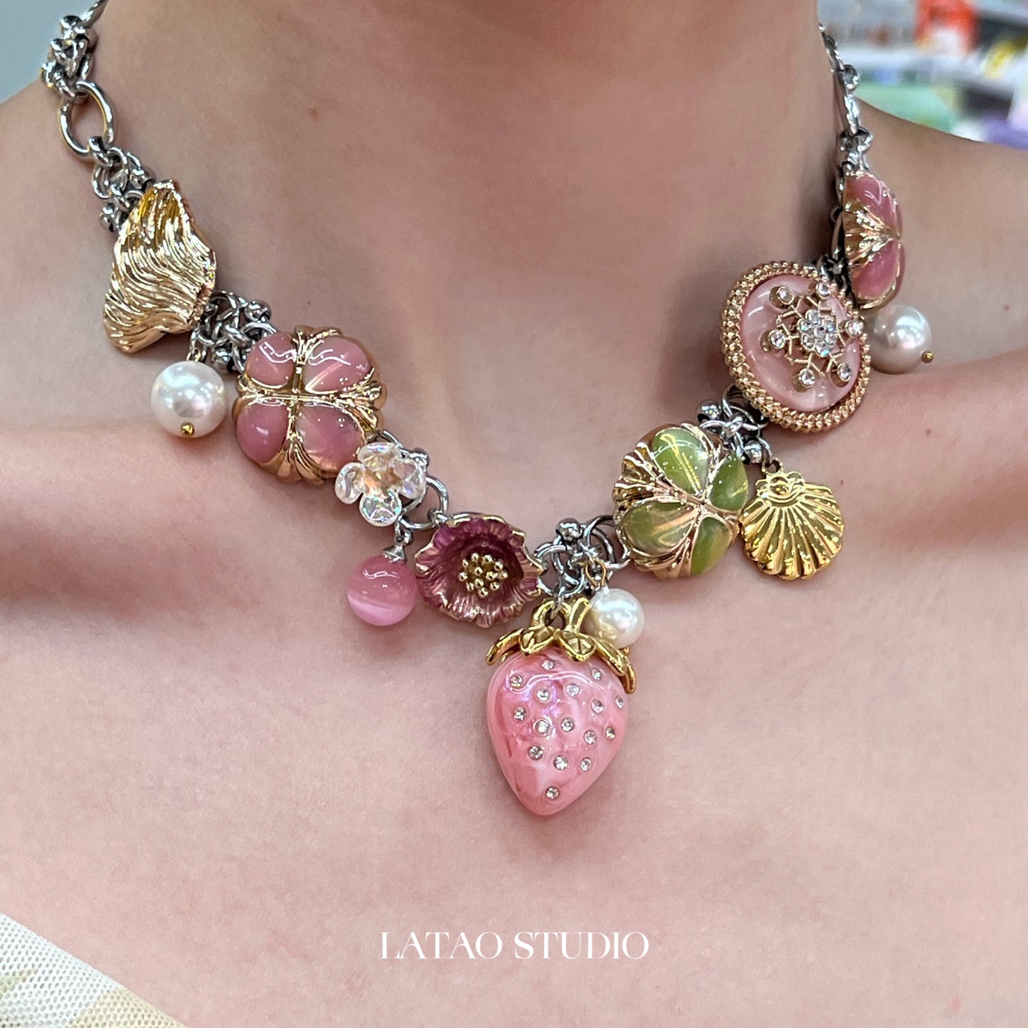 Pink Strawberry Blossom Pearl Choker