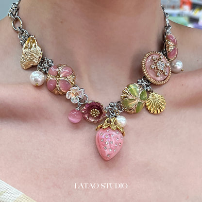 Pink Strawberry Blossom Pearl Choker