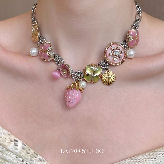 Pink Strawberry Blossom Pearl Choker