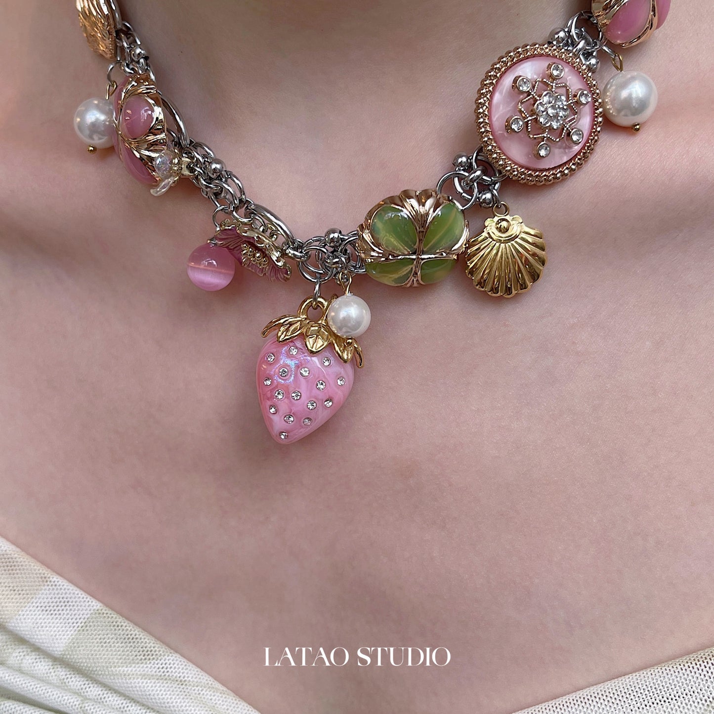 Pink Strawberry Blossom Pearl Choker