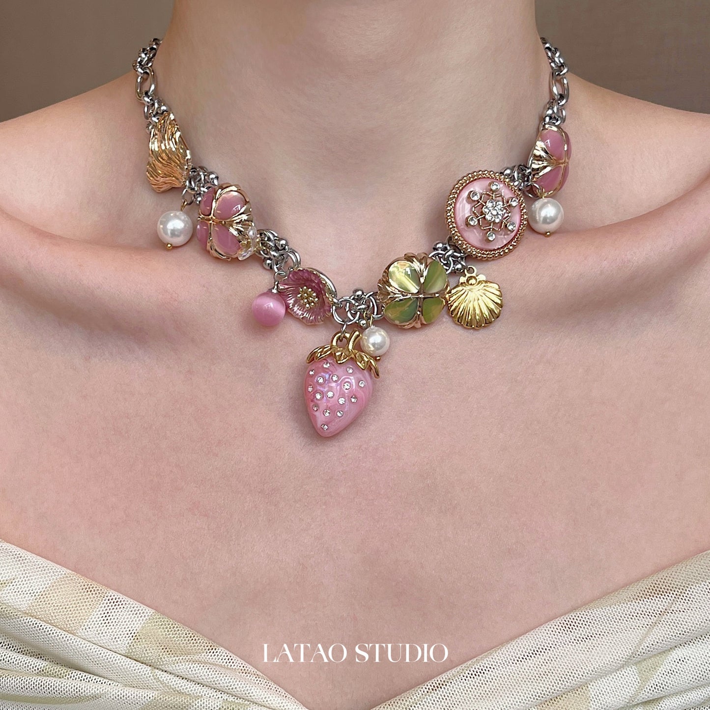 Pink Strawberry Blossom Pearl Choker