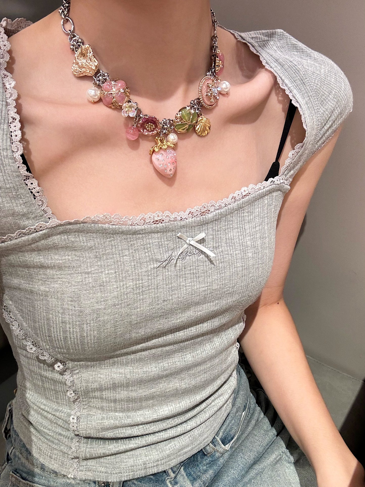 Pink Strawberry Blossom Pearl Choker