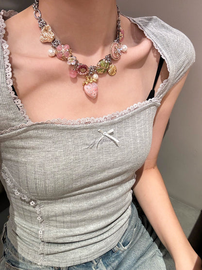 Pink Strawberry Blossom Pearl Choker