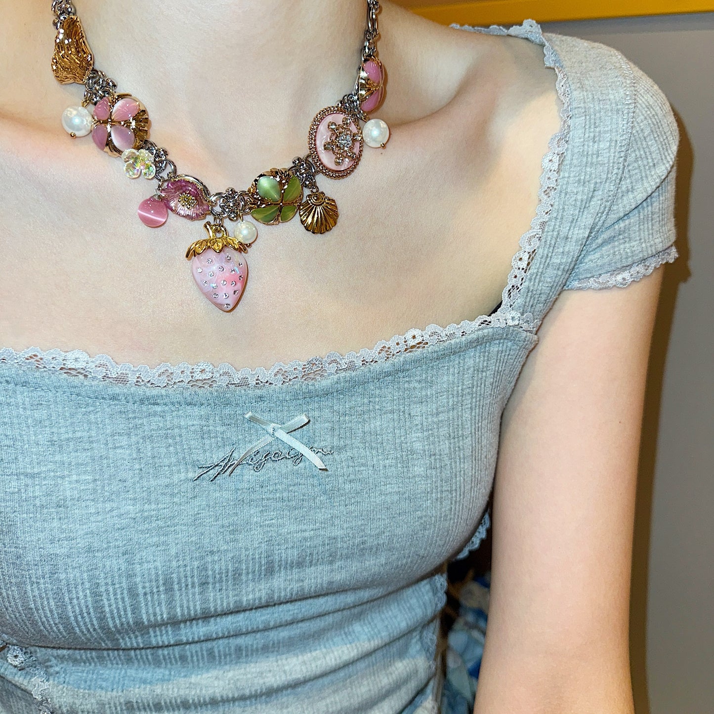 Pink Strawberry Blossom Pearl Choker