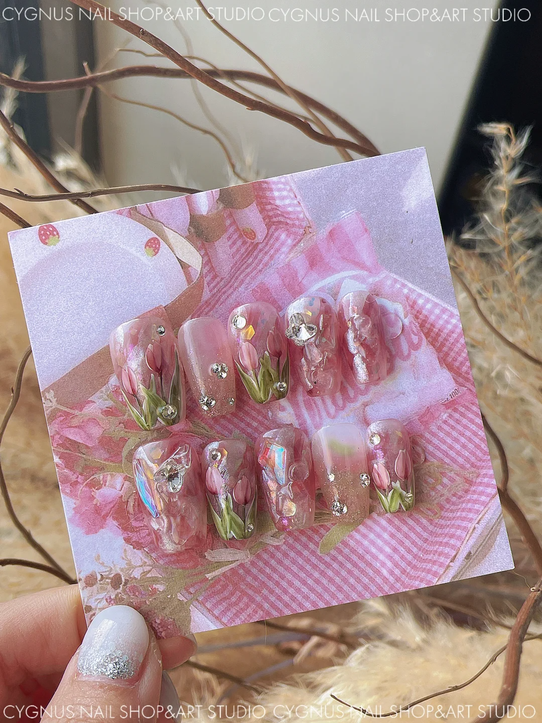 Pink Tulip Hand Painted Press On Nails Set