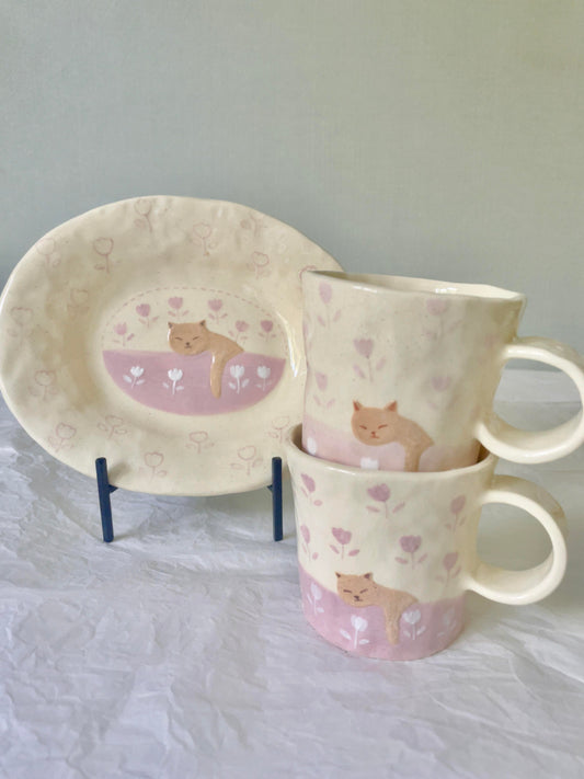 Pink Tulip Kitty Ceramic Cup Plate