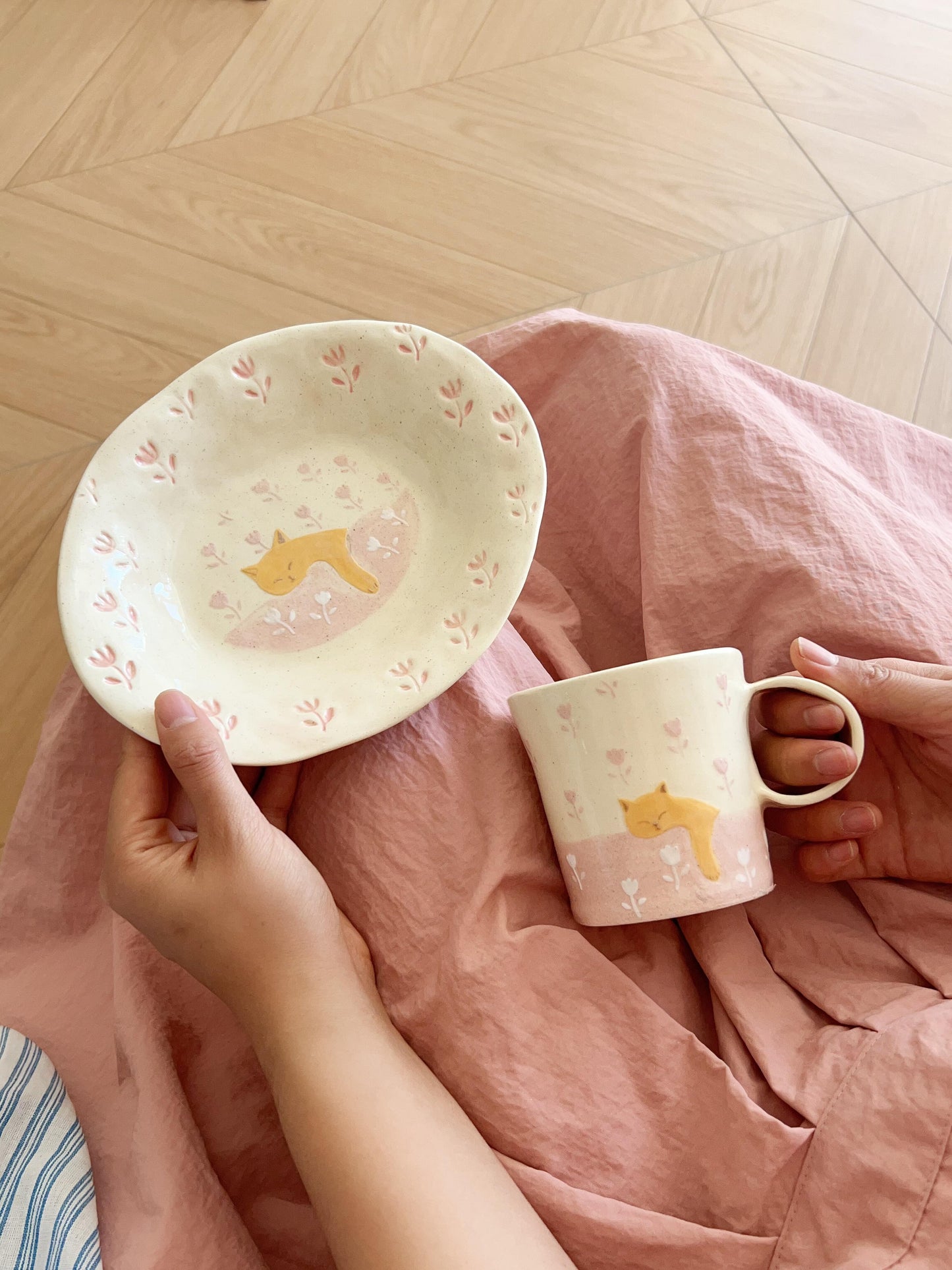 Pink Tulip Kitty Ceramic Cup Plate