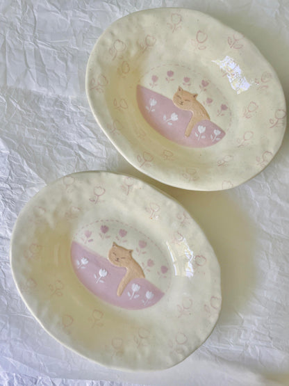 Pink Tulip Kitty Ceramic Cup Plate