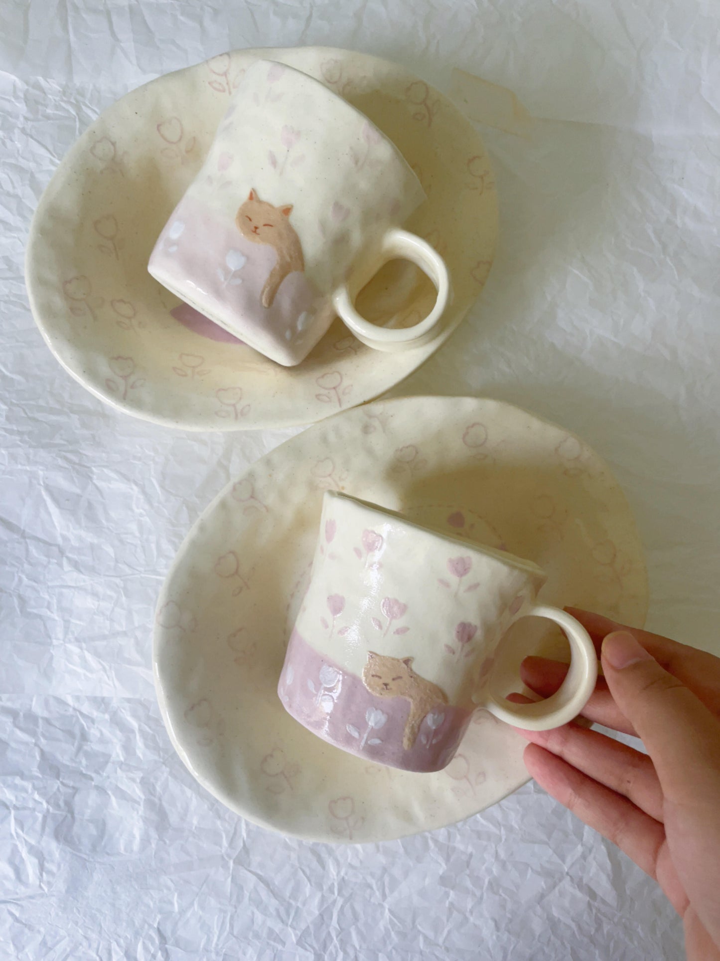 Pink Tulip Kitty Ceramic Cup Plate