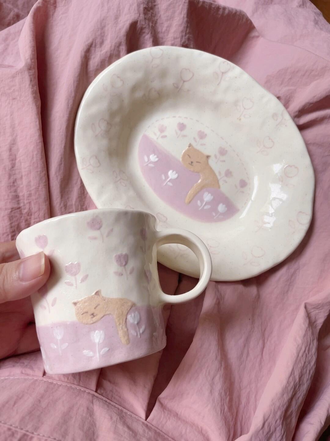 Pink Tulip Kitty Ceramic Cup Plate