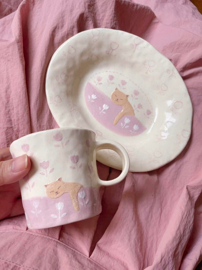 Pink Tulip Kitty Ceramic Cup Plate