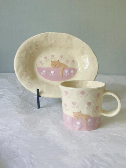 Pink Tulip Kitty Ceramic Cup Plate