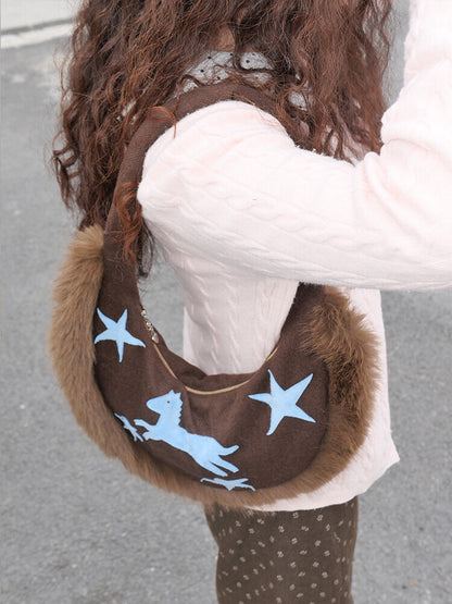 Plush Pony Pattern Crescent Bag