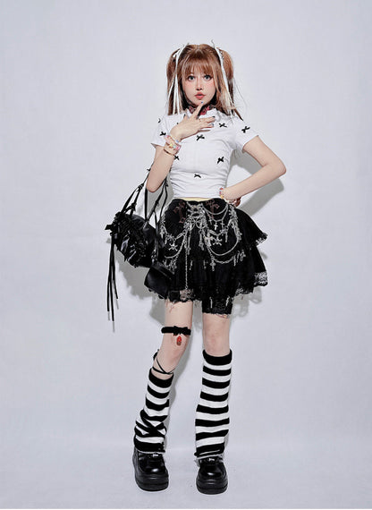 Punk Chain Cross Lace Layered Mini Skirt