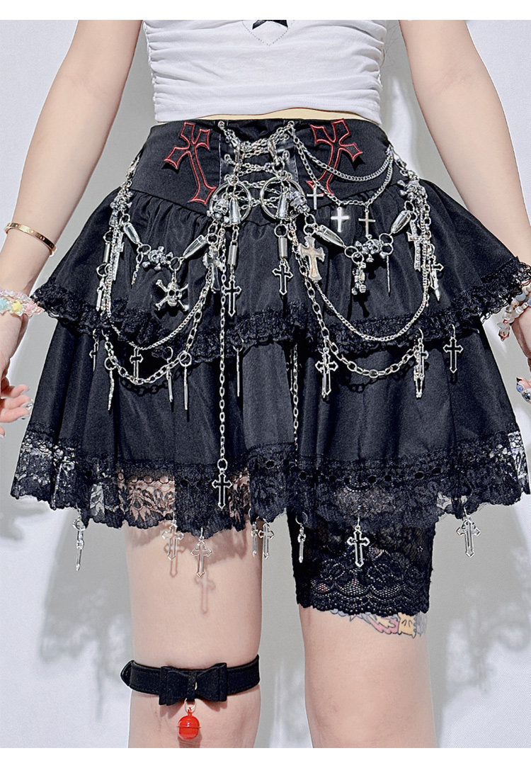 Punk Chain Cross Lace Layered Mini Skirt