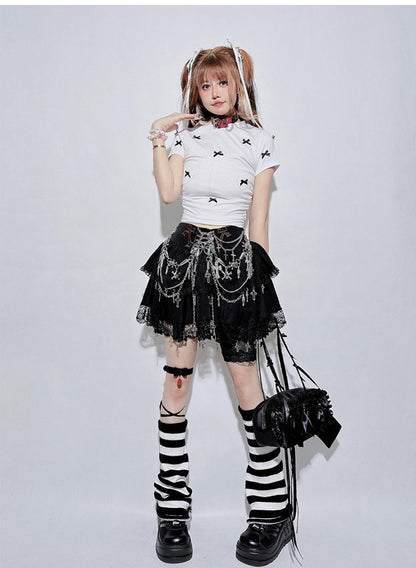 Punk Chain Cross Lace Layered Mini Skirt