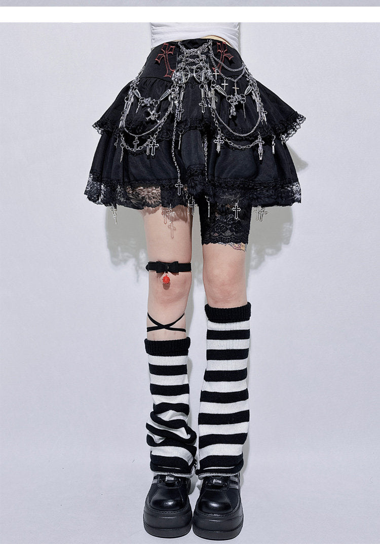 Punk Chain Cross Lace Layered Mini Skirt