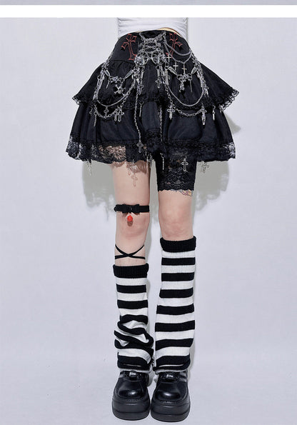 Punk Chain Cross Lace Layered Mini Skirt