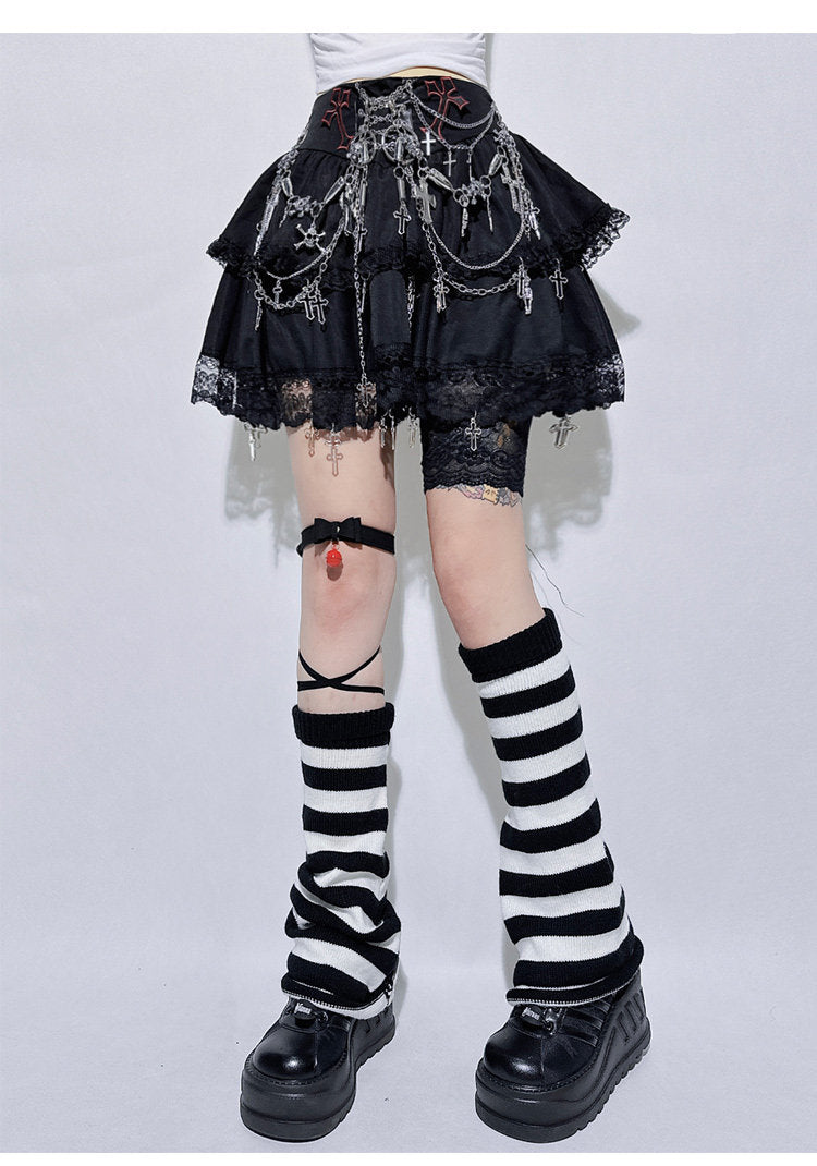 Punk Chain Cross Lace Layered Mini Skirt
