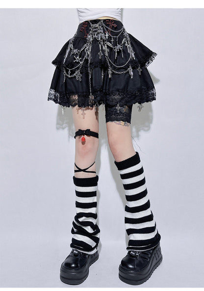 Punk Chain Cross Lace Layered Mini Skirt