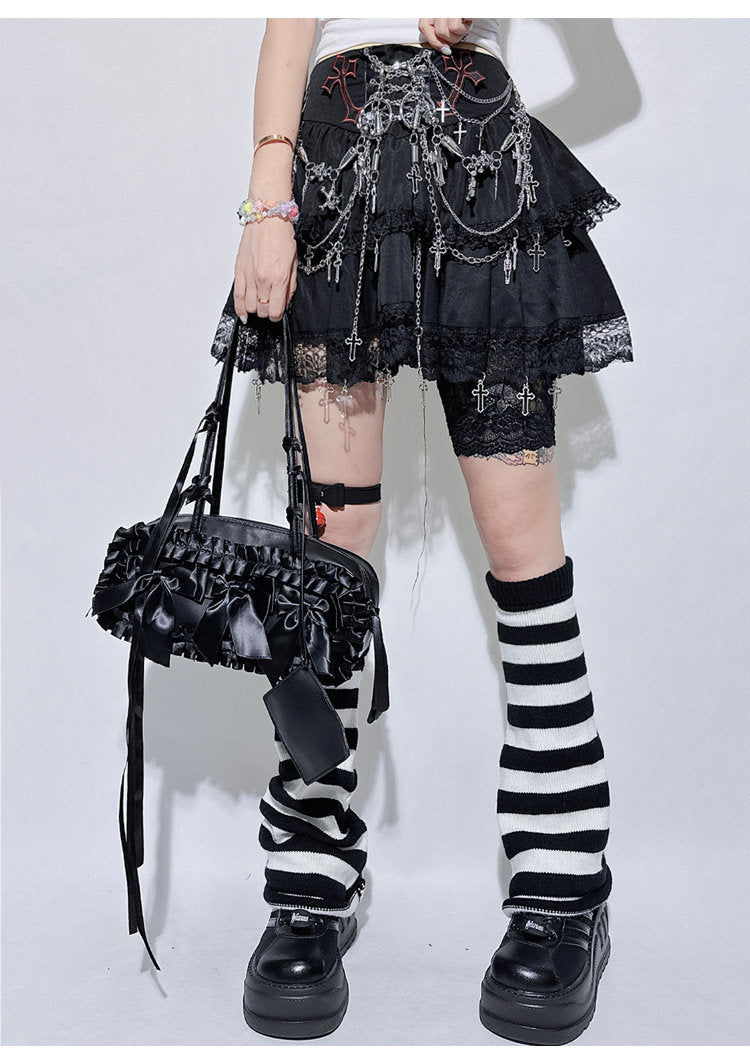 Punk Chain Cross Lace Layered Mini Skirt